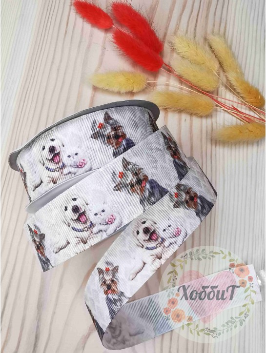 Лента репсовая с рисунком "Собачки с котенком" 2,5см.